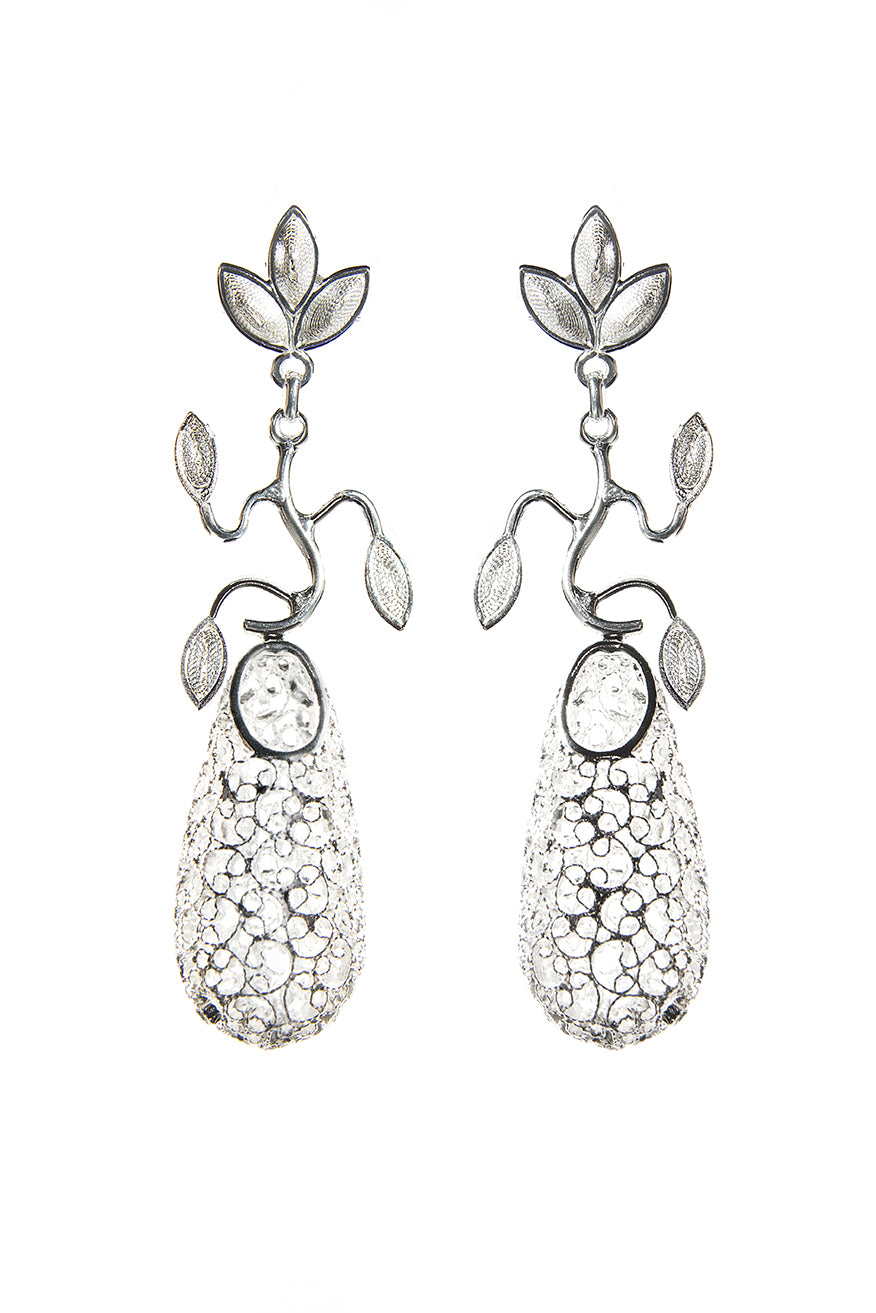 Bird nest silver filigree earrings, volume sterling silver intricate nest, branch earrings